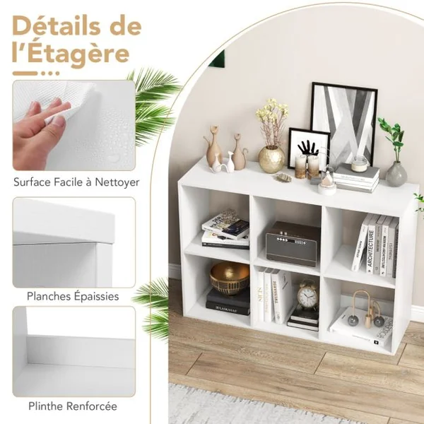 Bibliothèque Ouverte à 6 Cubes sur 2 Niveaux Etagère de Rangement Autoportante Style Rustique Kit Anti-basculement Blanc