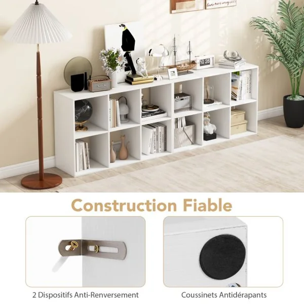 Bibliothèque Ouverte à 6 Cubes sur 2 Niveaux Etagère de Rangement Autoportante Style Rustique Kit Anti-basculement Blanc