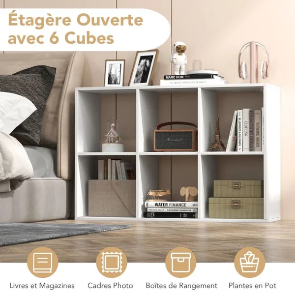 Bibliothèque Ouverte à 6 Cubes sur 2 Niveaux Etagère de Rangement Autoportante Style Rustique Kit Anti-basculement Blanc