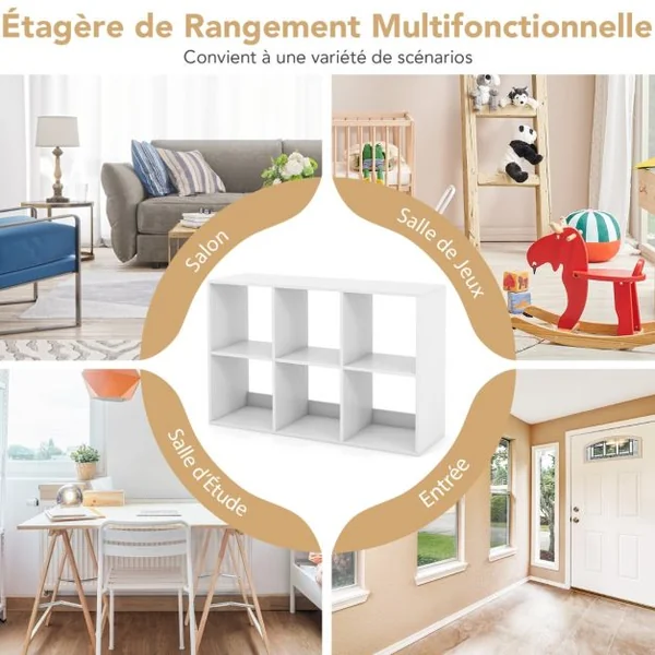 Bibliothèque Ouverte à 6 Cubes sur 2 Niveaux Etagère de Rangement Autoportante Style Rustique Kit Anti-basculement Blanc