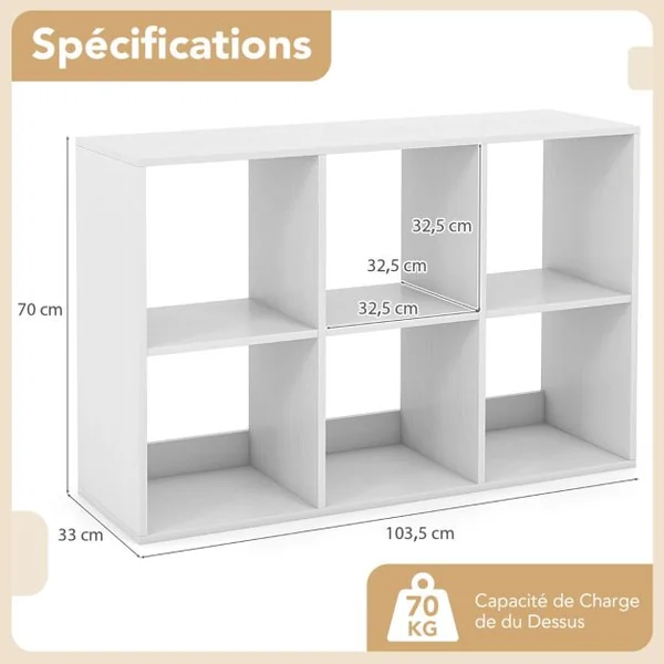 Bibliothèque Ouverte à 6 Cubes sur 2 Niveaux Etagère de Rangement Autoportante Style Rustique Kit Anti-basculement Blanc
