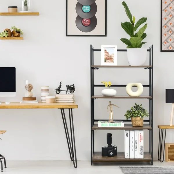 Bibliothèque Pliable à 4 Niveau avec Étagère Amovible Étagère de Rangement avec Kit Anti-basculement Style Industriel Brun rustique