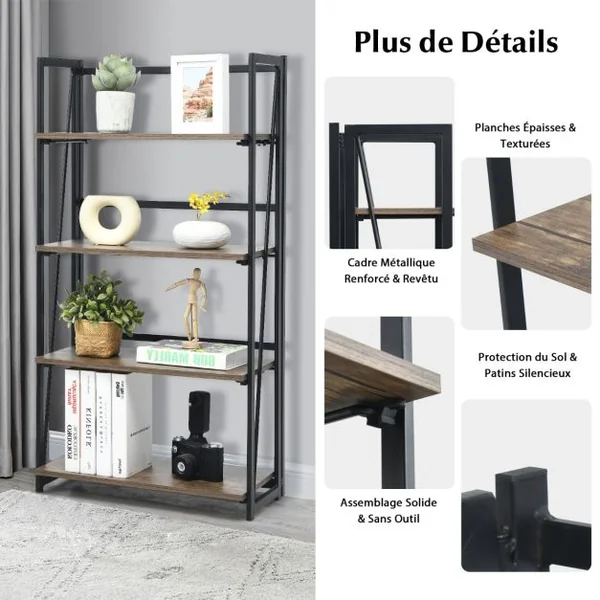 Bibliothèque Pliable à 4 Niveau avec Étagère Amovible Étagère de Rangement avec Kit Anti-basculement Style Industriel Brun rustique