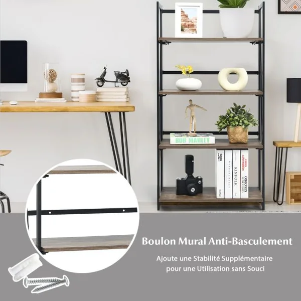 Bibliothèque Pliable à 4 Niveau avec Étagère Amovible Étagère de Rangement avec Kit Anti-basculement Style Industriel Brun rustique