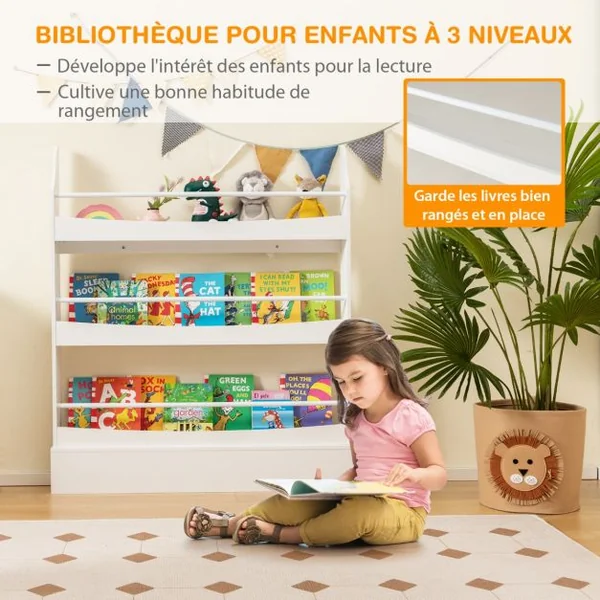 Bibliothèque pour Enfant à 3 Niveaux Anti- Basculement Étagère pour Jouets/ Livres L98 x P14 x H114 cm Blanc