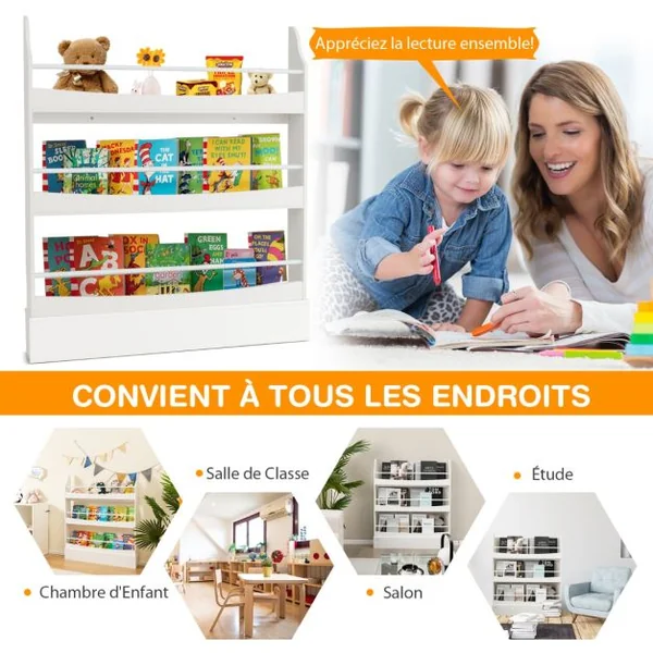Bibliothèque pour Enfant à 3 Niveaux Anti- Basculement Étagère pour Jouets/ Livres L98 x P14 x H114 cm Blanc
