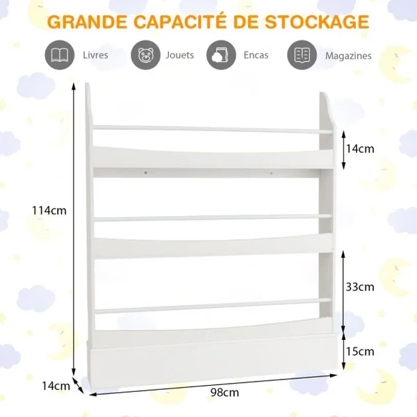 Bibliothèque pour Enfant à 3 Niveaux Anti- Basculement Étagère pour Jouets/ Livres L98 x P14 x H114 cm Blanc