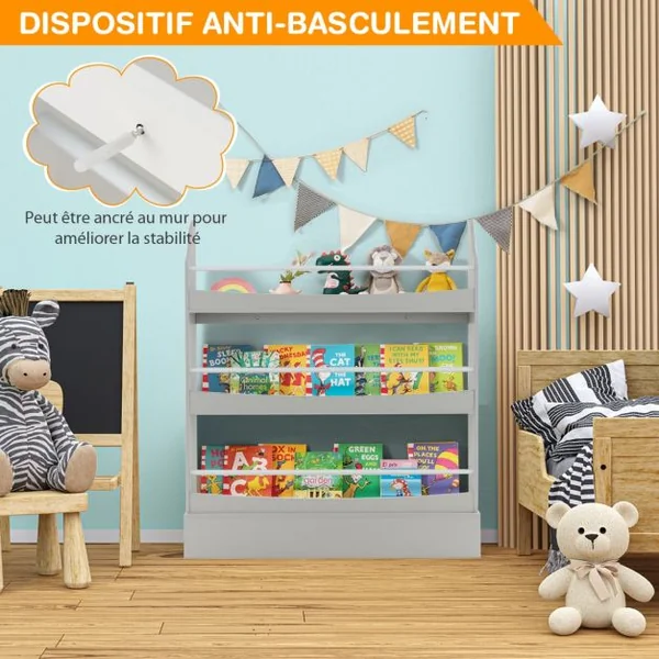 Bibliothèque pour Enfant à 3 Niveaux Anti- Basculement Étagère pour Jouets/ Livres L98 x P14 x H114 cm Gris