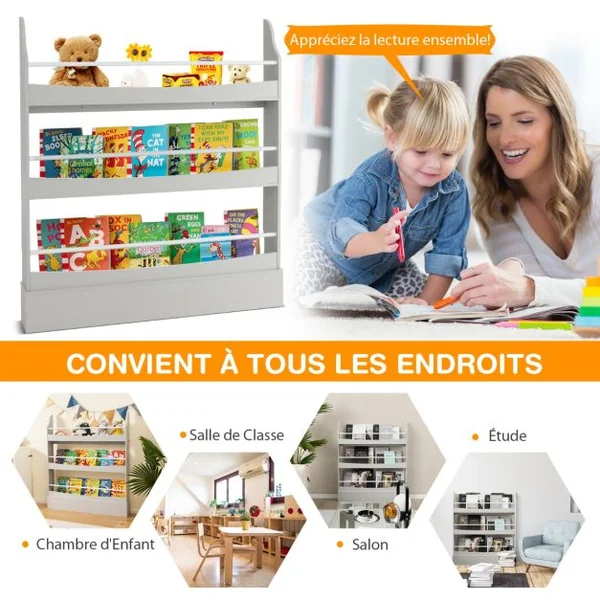 Bibliothèque pour Enfant à 3 Niveaux Anti- Basculement Étagère pour Jouets/ Livres L98 x P14 x H114 cm Gris
