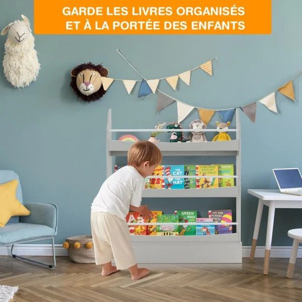 Bibliothèque pour Enfant à 3 Niveaux Anti- Basculement Étagère pour Jouets/ Livres L98 x P14 x H114 cm Gris