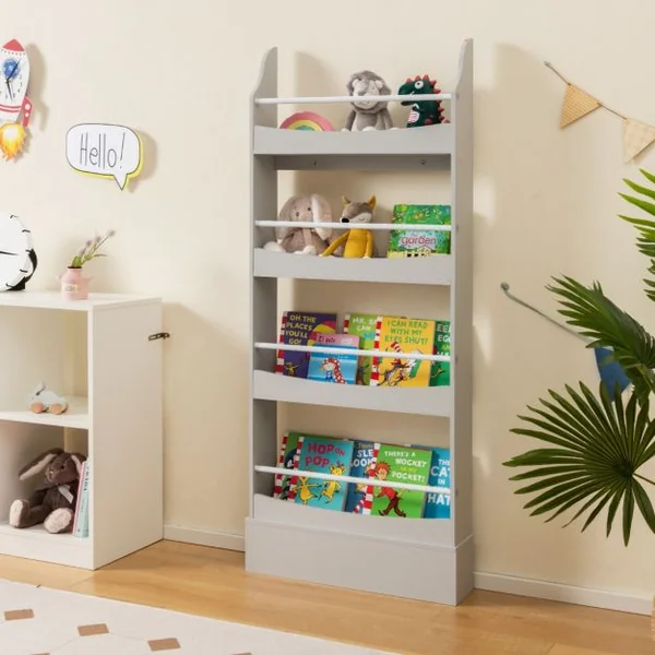 Bibliothèque pour Enfant à 4 Niveaux Anti- Basculement Étagère pour Jouets/ Livres L60 x P14 x H147cm Gris