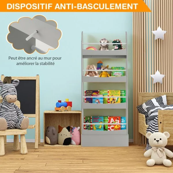 Bibliothèque pour Enfant à 4 Niveaux Anti- Basculement Étagère pour Jouets/ Livres L60 x P14 x H147cm Gris