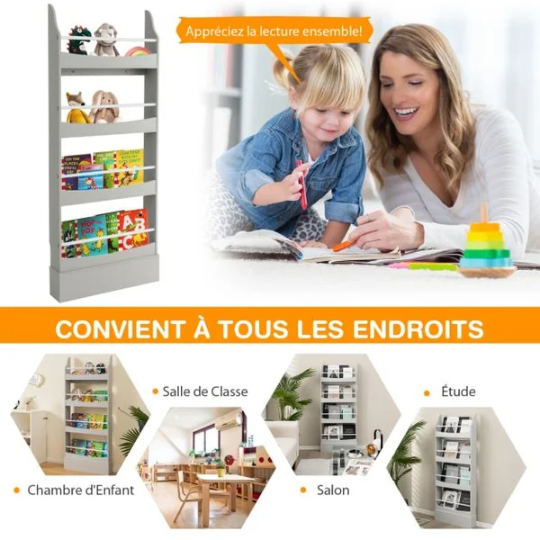 Bibliothèque pour Enfant à 4 Niveaux Anti- Basculement Étagère pour Jouets/ Livres L60 x P14 x H147cm Gris