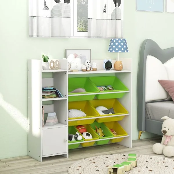 Bibliothèque pour Enfants 8 Bacs de Rangement pour Jouets 2 Étagères Ouvertes Armoire avec Porte Organisateur de Rangement Blanc