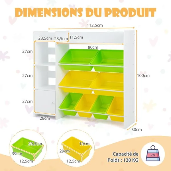 Bibliothèque pour Enfants 8 Bacs de Rangement pour Jouets 2 Étagères Ouvertes Armoire avec Porte Organisateur de Rangement Blanc