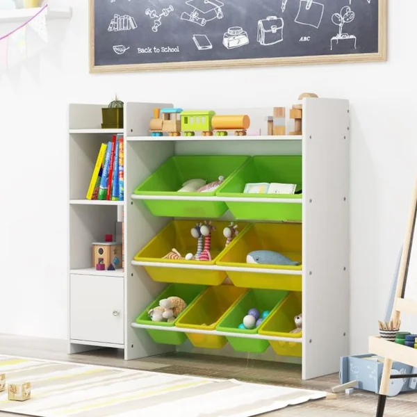Bibliothèque pour Enfants 8 Bacs de Rangement pour Jouets 2 Étagères Ouvertes Armoire avec Porte Organisateur de Rangement Blanc