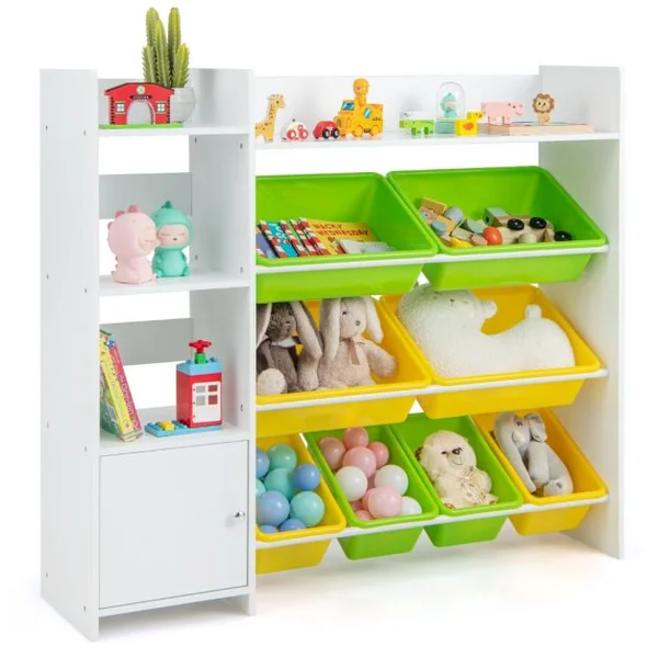 Bibliothèque pour Enfants 8 Bacs de Rangement pour Jouets 2 Étagères Ouvertes Armoire avec Porte Organisateur de Rangement Blanc