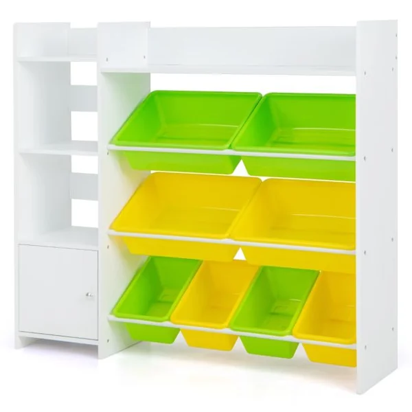 Bibliothèque pour Enfants 8 Bacs de Rangement pour Jouets 2 Étagères Ouvertes Armoire avec Porte Organisateur de Rangement Blanc
