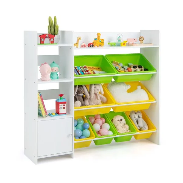 Bibliothèque pour Enfants 8 Bacs de Rangement pour Jouets 2 Étagères Ouvertes Armoire avec Porte Organisateur de Rangement Blanc