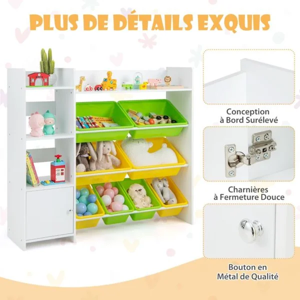 Bibliothèque pour Enfants 8 Bacs de Rangement pour Jouets 2 Étagères Ouvertes Armoire avec Porte Organisateur de Rangement Blanc