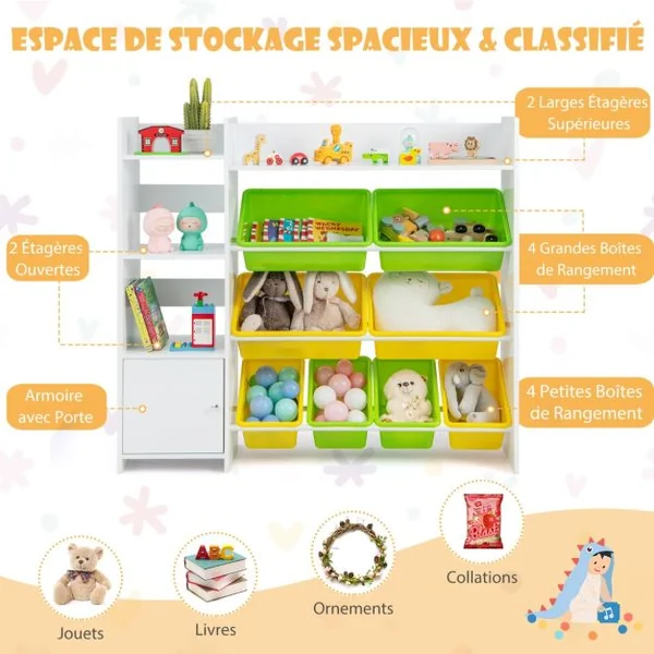 Bibliothèque pour Enfants 8 Bacs de Rangement pour Jouets 2 Étagères Ouvertes Armoire avec Porte Organisateur de Rangement Blanc