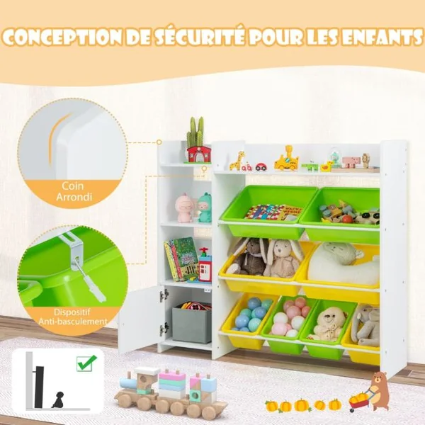 Bibliothèque pour Enfants 8 Bacs de Rangement pour Jouets 2 Étagères Ouvertes Armoire avec Porte Organisateur de Rangement Blanc