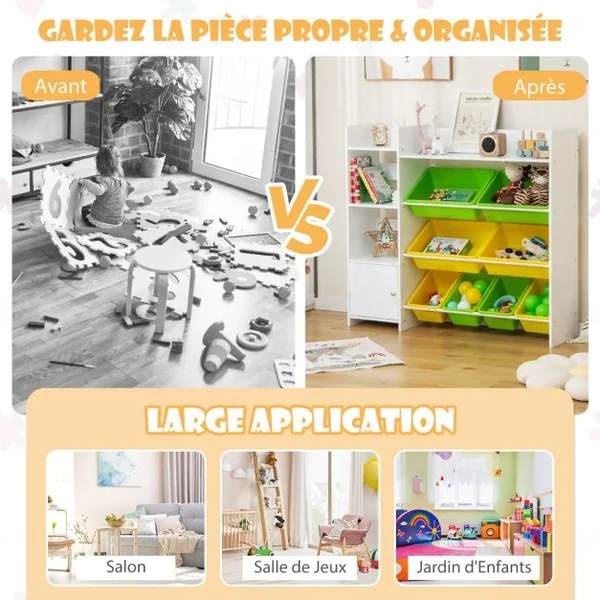 Bibliothèque pour Enfants 8 Bacs de Rangement pour Jouets 2 Étagères Ouvertes Armoire avec Porte Organisateur de Rangement Blanc