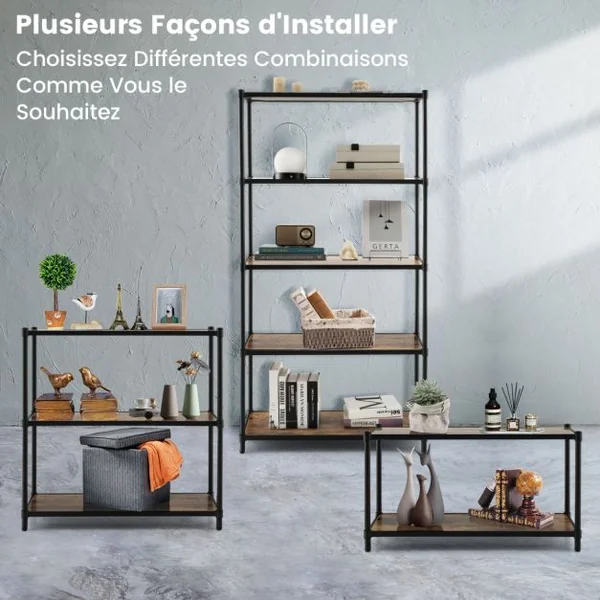 Bibliothèque Style Industriel à 5 Niveaux 80x29x154CM Étagère de Rangement avec Dispositifs Anti-basculement Pieds Réglables Noir