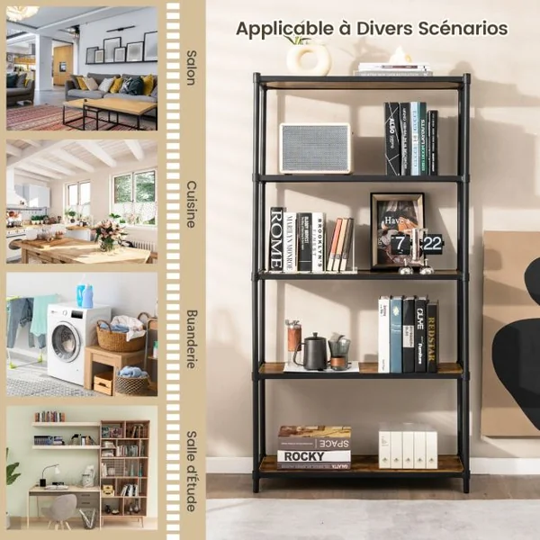 Bibliothèque Style Industriel à 5 Niveaux 80x29x154CM Étagère de Rangement avec Dispositifs Anti-basculement Pieds Réglables Noir