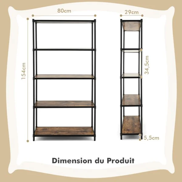 Bibliothèque Style Industriel à 5 Niveaux 80x29x154CM Étagère de Rangement avec Dispositifs Anti-basculement Pieds Réglables Noir
