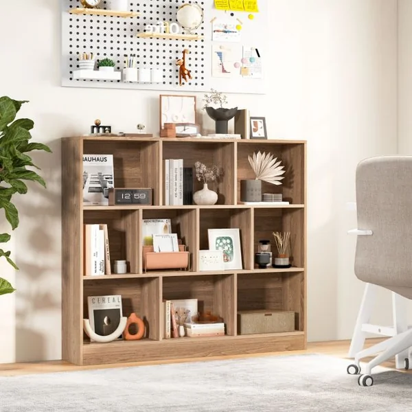 Bibliothèque à 10 Cases Armoire de Rangement Autoportante à 3 Niveaux Kits Anti-basculement Etagère de Présentation en Bois 120cm Blanc/Naturel/Noir