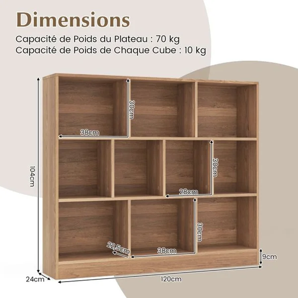 Bibliothèque à 10 Cases Armoire de Rangement Autoportante à 3 Niveaux Kits Anti-basculement Etagère de Présentation en Bois 120cm Blanc/Naturel/Noir