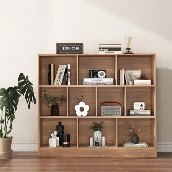 Bibliothèque à 10 Cases Armoire de Rangement Autoportante à 3 Niveaux Kits Anti-basculement Etagère de Présentation en Bois 120cm Blanc/Naturel/Noir