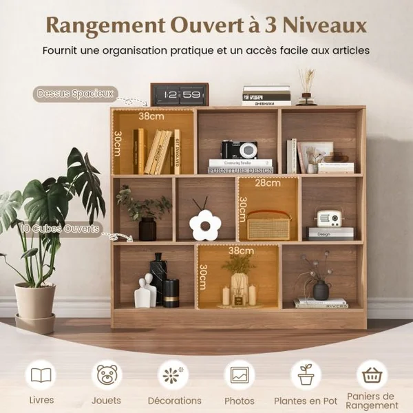 Bibliothèque à 10 Cases Armoire de Rangement Autoportante à 3 Niveaux Kits Anti-basculement Etagère de Présentation en Bois 120cm Blanc/Naturel/Noir