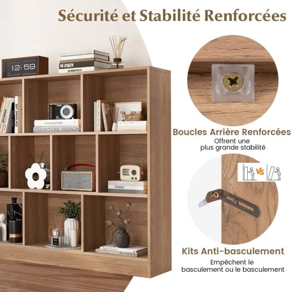 Bibliothèque à 10 Cases Armoire de Rangement Autoportante à 3 Niveaux Kits Anti-basculement Etagère de Présentation en Bois 120cm Blanc/Naturel/Noir