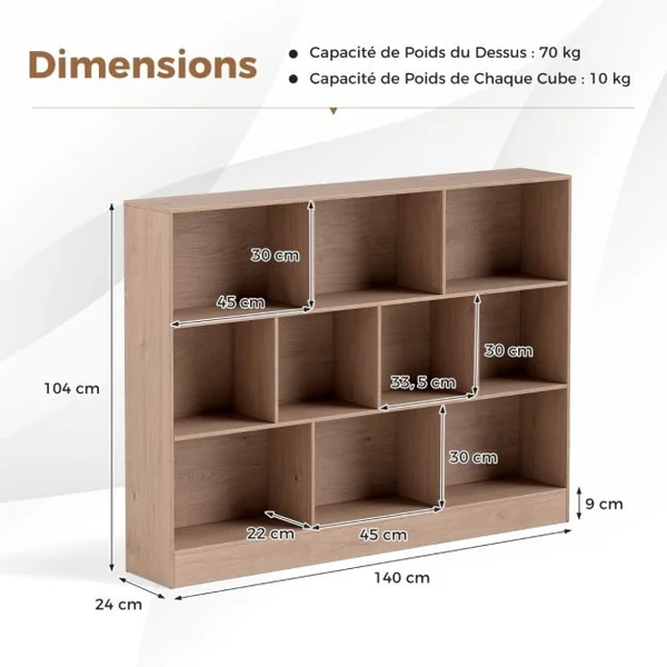 Bibliothèque à 10 Cases Armoire de Rangement Autoportante à 3 Niveaux Kits Anti-basculement Etagère de Présentation en Bois de 140cm Blanc/Naturel/Noir