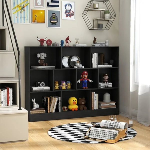 Bibliothèque à 10 Cases Armoire de Rangement Autoportante à 3 Niveaux Kits Anti-basculement Etagère de Présentation en Bois de 140cm Blanc/Naturel/Noir