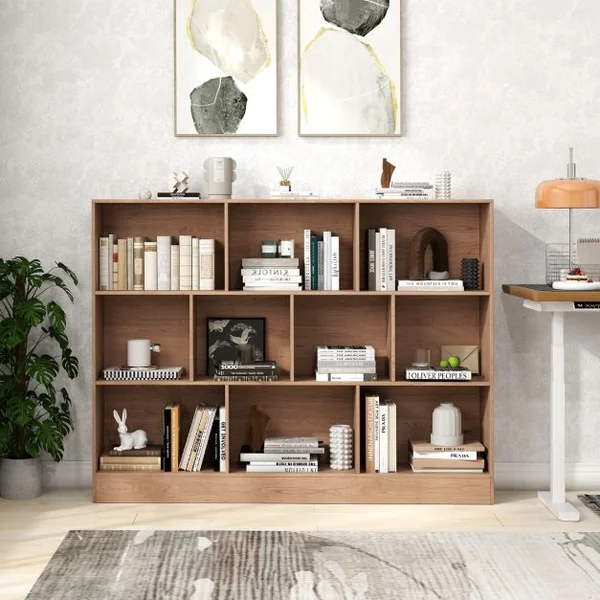 Bibliothèque à 10 Cases Armoire de Rangement Autoportante à 3 Niveaux Kits Anti-basculement Etagère de Présentation en Bois de 140cm Blanc/Naturel/Noir