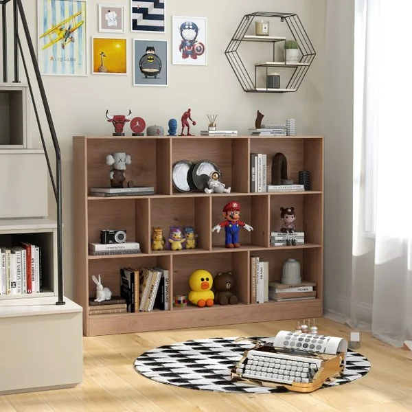 Bibliothèque à 10 Cases Armoire de Rangement Autoportante à 3 Niveaux Kits Anti-basculement Etagère de Présentation en Bois de 140cm Blanc/Naturel/Noir
