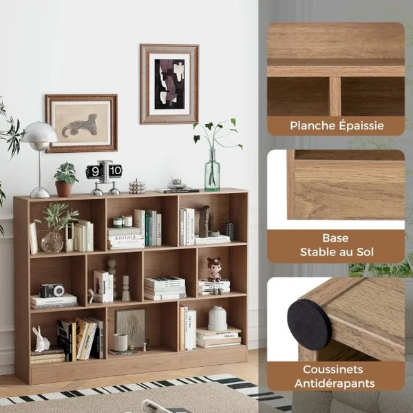 Bibliothèque à 10 Cases Armoire de Rangement Autoportante à 3 Niveaux Kits Anti-basculement Etagère de Présentation en Bois de 140cm Blanc/Naturel/Noir