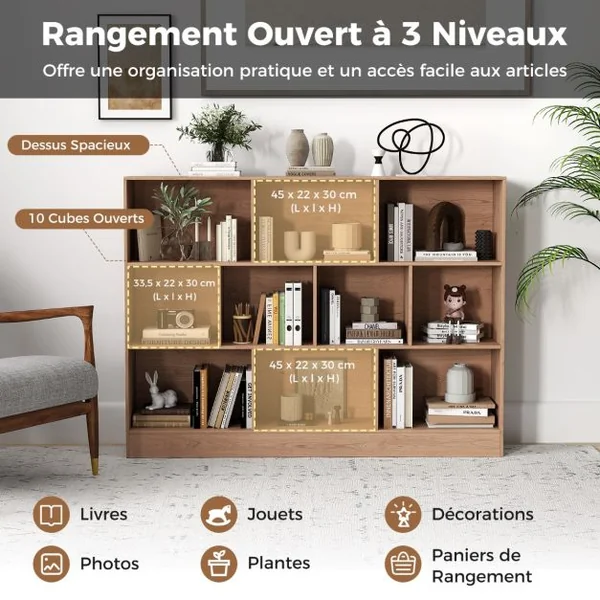Bibliothèque à 10 Cases Armoire de Rangement Autoportante à 3 Niveaux Kits Anti-basculement Etagère de Présentation en Bois de 140cm Blanc/Naturel/Noir