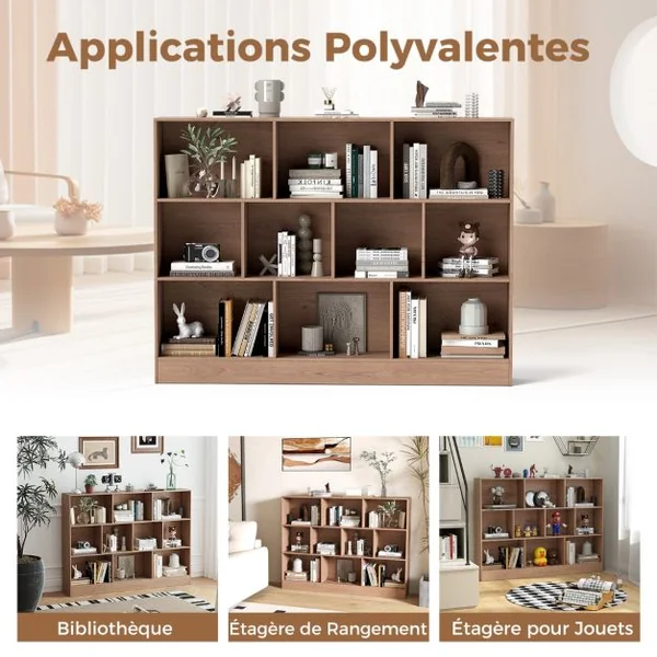 Bibliothèque à 10 Cases Armoire de Rangement Autoportante à 3 Niveaux Kits Anti-basculement Etagère de Présentation en Bois de 140cm Blanc/Naturel/Noir