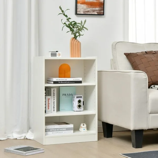 Bibliothèque à 3 Niveaux avec 2 Étagères Réglables et Dispositif Anti-renversement Salon Chambre Bureau 50 x 30 x 75 cm Blanc/Marron/Noir