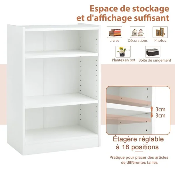 Bibliothèque à 3 Niveaux avec 2 Étagères Réglables et Dispositif Anti-renversement Salon Chambre Bureau 50 x 30 x 75 cm Blanc/Marron/Noir