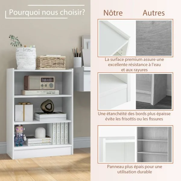 Bibliothèque à 3 Niveaux avec 2 Étagères Réglables et Dispositif Anti-renversement Salon Chambre Bureau 50 x 30 x 75 cm Blanc/Marron/Noir