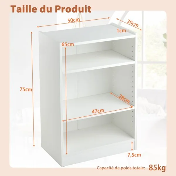 Bibliothèque à 3 Niveaux avec 2 Étagères Réglables et Dispositif Anti-renversement Salon Chambre Bureau 50 x 30 x 75 cm Blanc/Marron/Noir