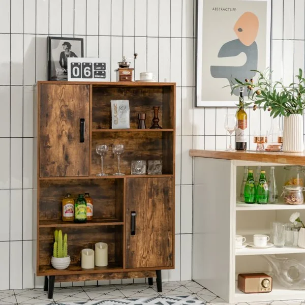 Bibliothèque à 4 Niveaux 80 x 24 x 119,5 CM Meuble de Rangement avec portes Étagères et Dispositif Anti-basculement Brun/Café/Noir/Blanc