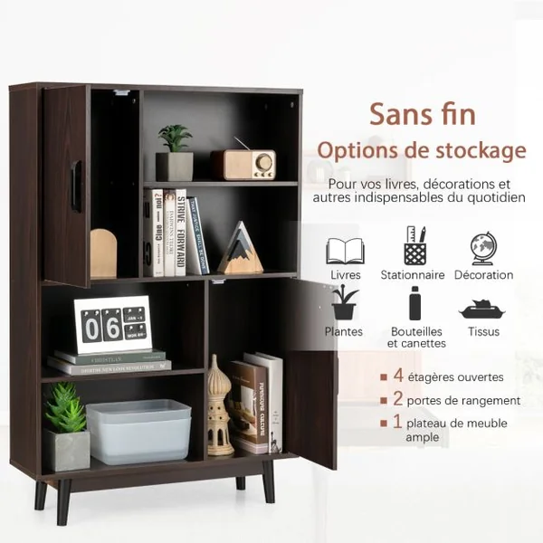 Bibliothèque à 4 Niveaux 80 x 24 x 119,5 CM Meuble de Rangement avec portes Étagères et Dispositif Anti-basculement Brun/Café/Noir/Blanc