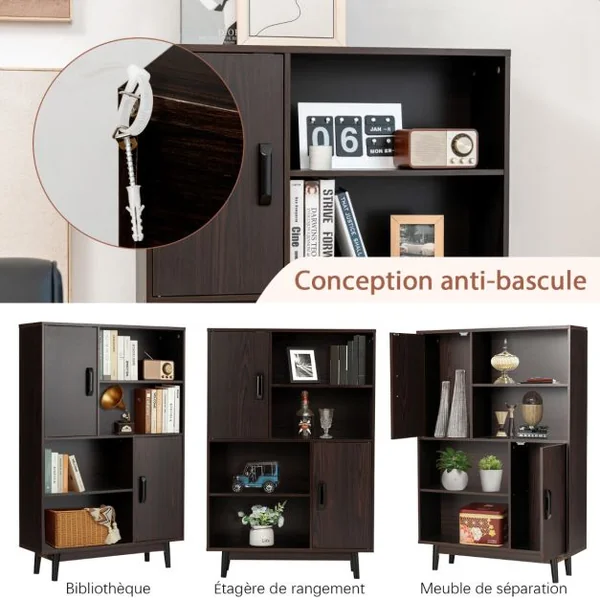 Bibliothèque à 4 Niveaux 80 x 24 x 119,5 CM Meuble de Rangement avec portes Étagères et Dispositif Anti-basculement Brun/Café/Noir/Blanc