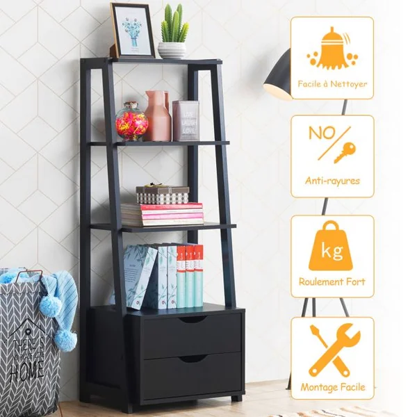 Bibliothèque à 4 Niveaux en Bois avec Placard sur Pied 2 Tiroirs 53 x 40 x 133 cm pour Salon Chambre Bureau à Domicile Noir